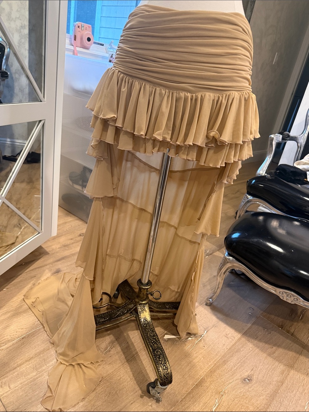 High low Tiered Ruffle Skirt with detachable train in Tan